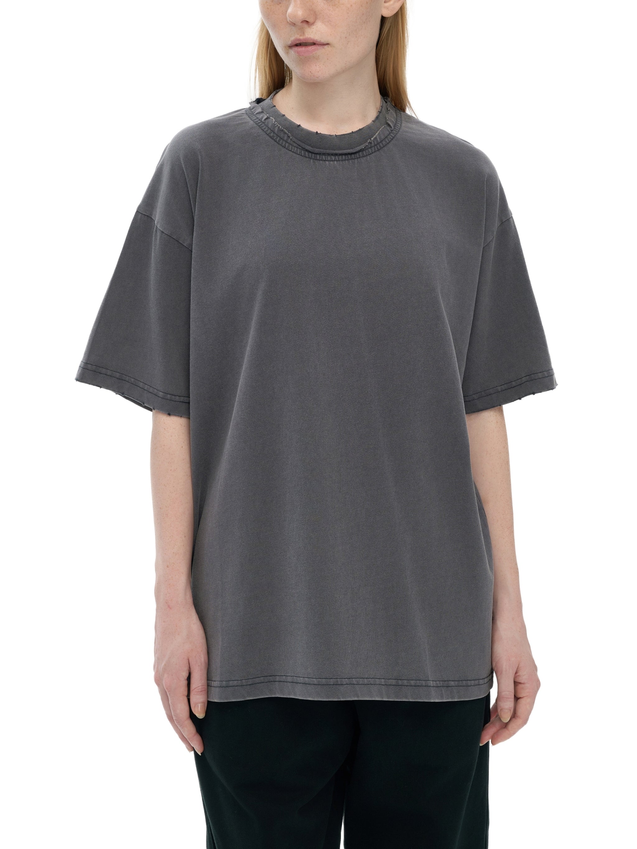 Double Neckline Scattered Edge Frayed Vintage Washed T-Shirt - 250 GSM