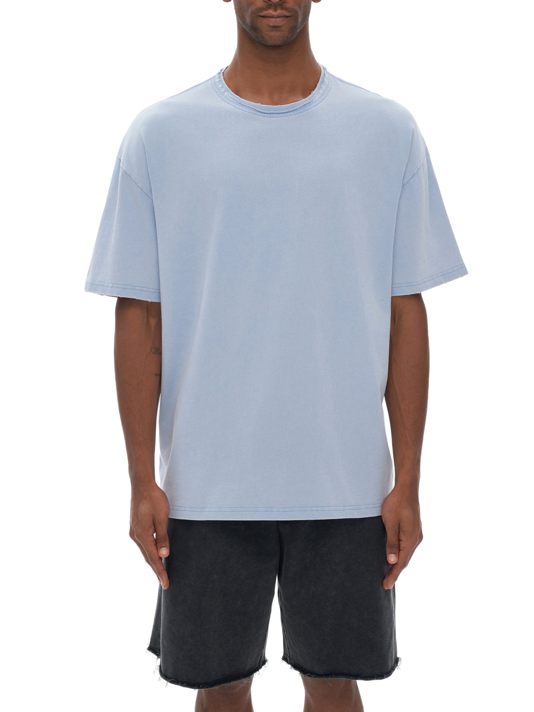 Double Neckline Scattered Edge Frayed Vintage Washed T-Shirt - 250 GSM