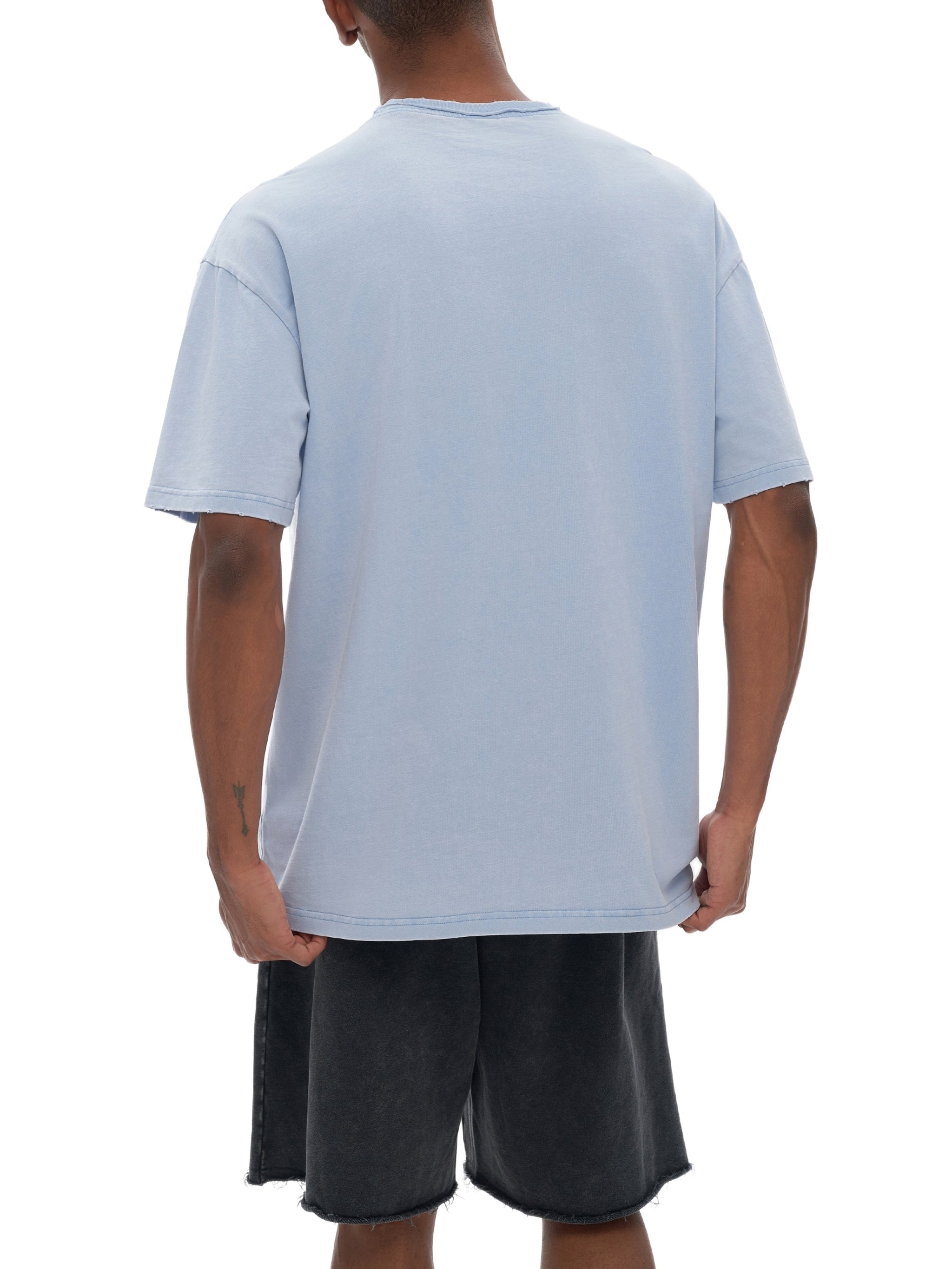 Double Neckline Scattered Edge Frayed Vintage Washed T-Shirt - 250 GSM