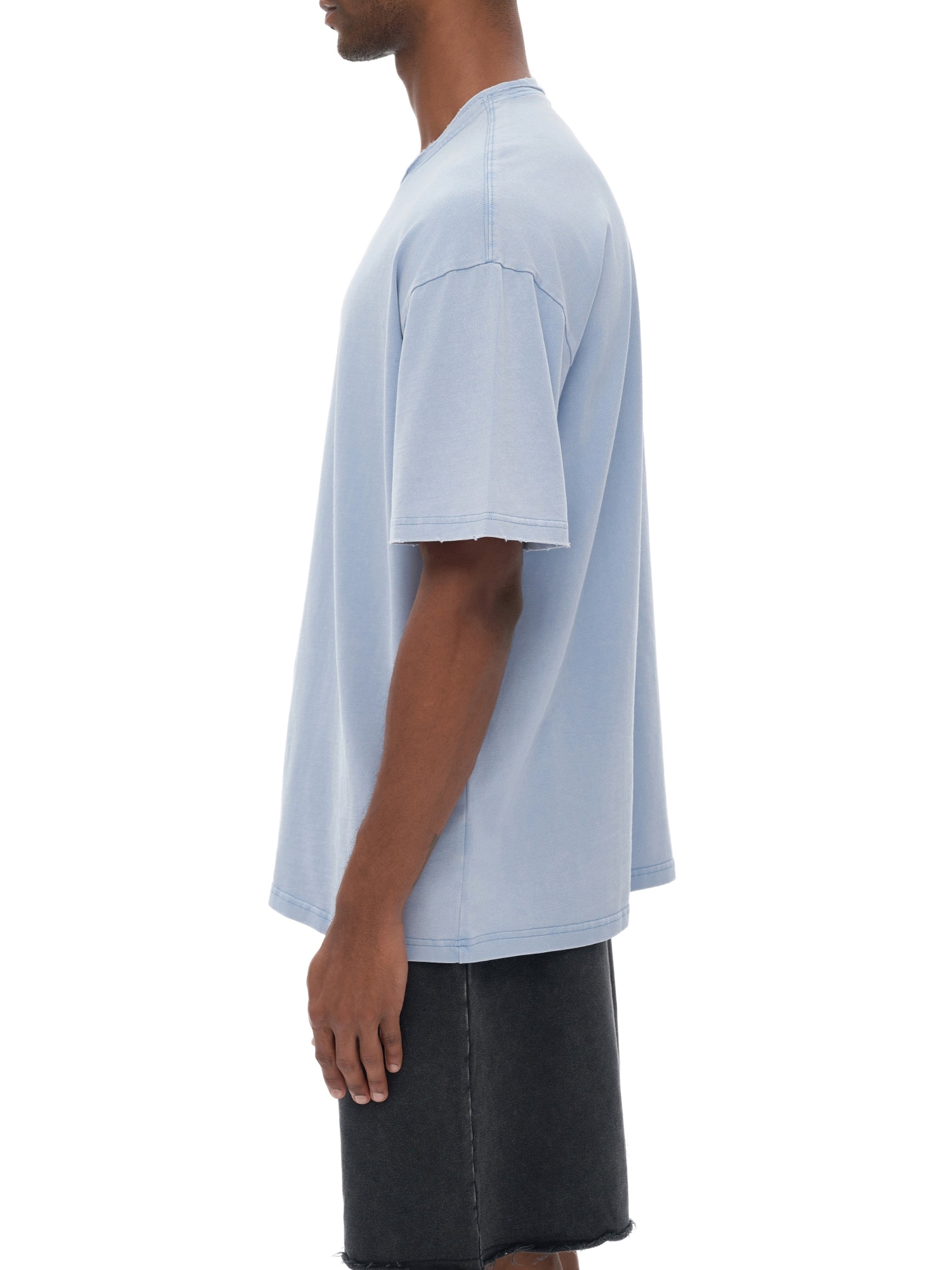 Double Neckline Scattered Edge Frayed Vintage Washed T-Shirt - 250 GSM